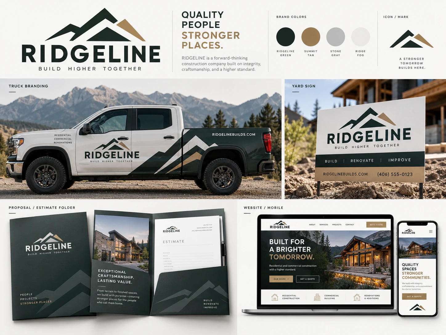 Ridgeline construction brand presentation showing truck branding, yard sign, proposal folder and website/mobile design